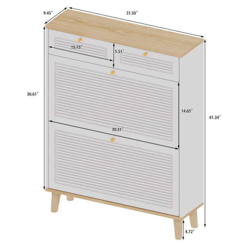 Modern Freestanding Shoe Cabinet With Flip Up Doors And Drawers, Compact Design For Entryway - White Natural by HouseOfZazla