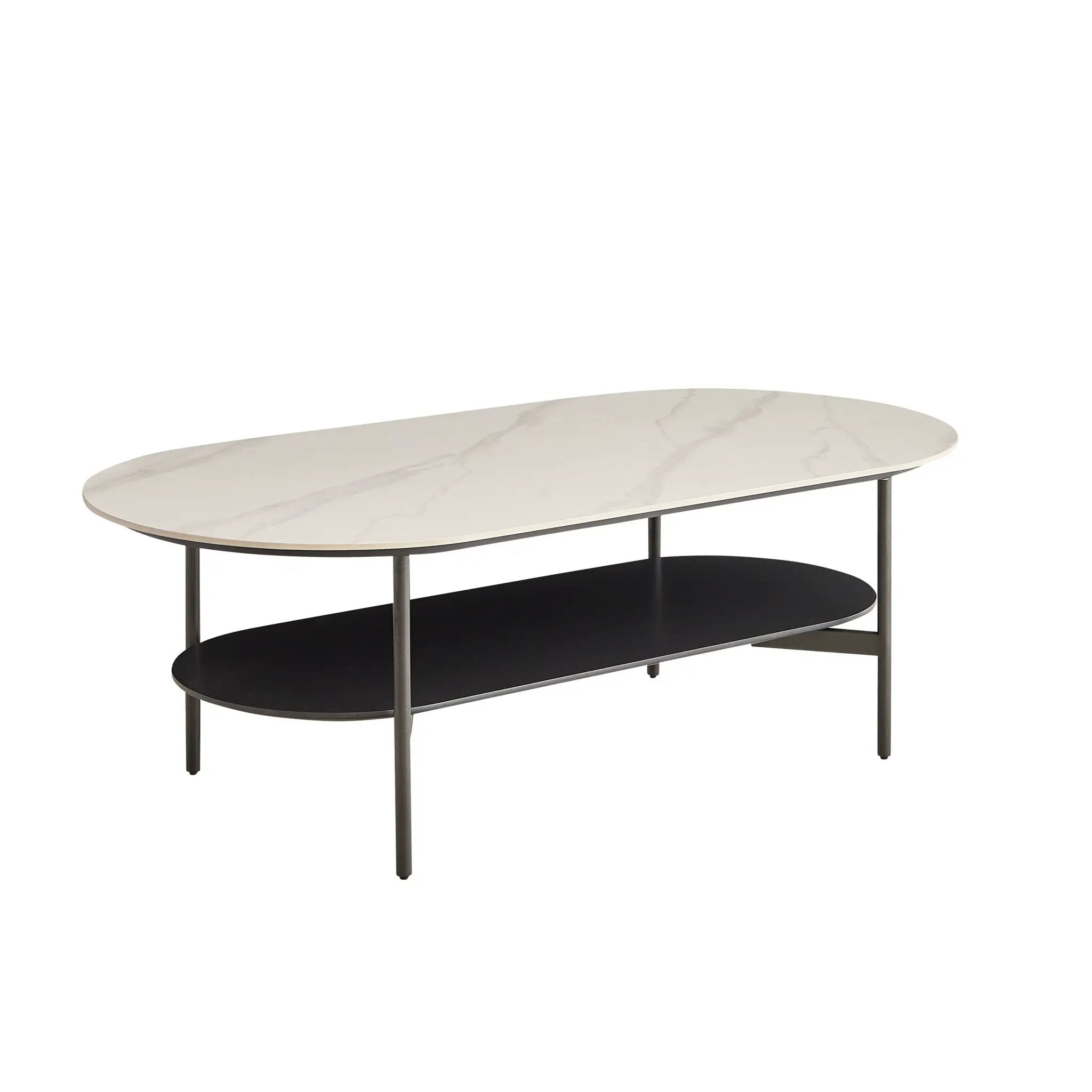 Contemporary Coffee Table Sintered Stone Surface With Ceramic Finish Double Layer Design Base Matte Shelf Modern Living Room Center Table - White / Gray by Unique Piece Furniture