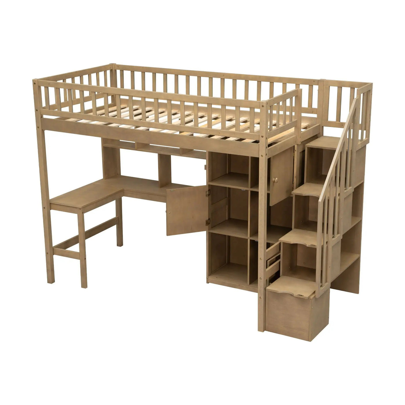 Loft Bed With Built In L Shaped Desk, LED Lights, Storage Shelves, Cabinets, And Staircase by HouseOfZazla