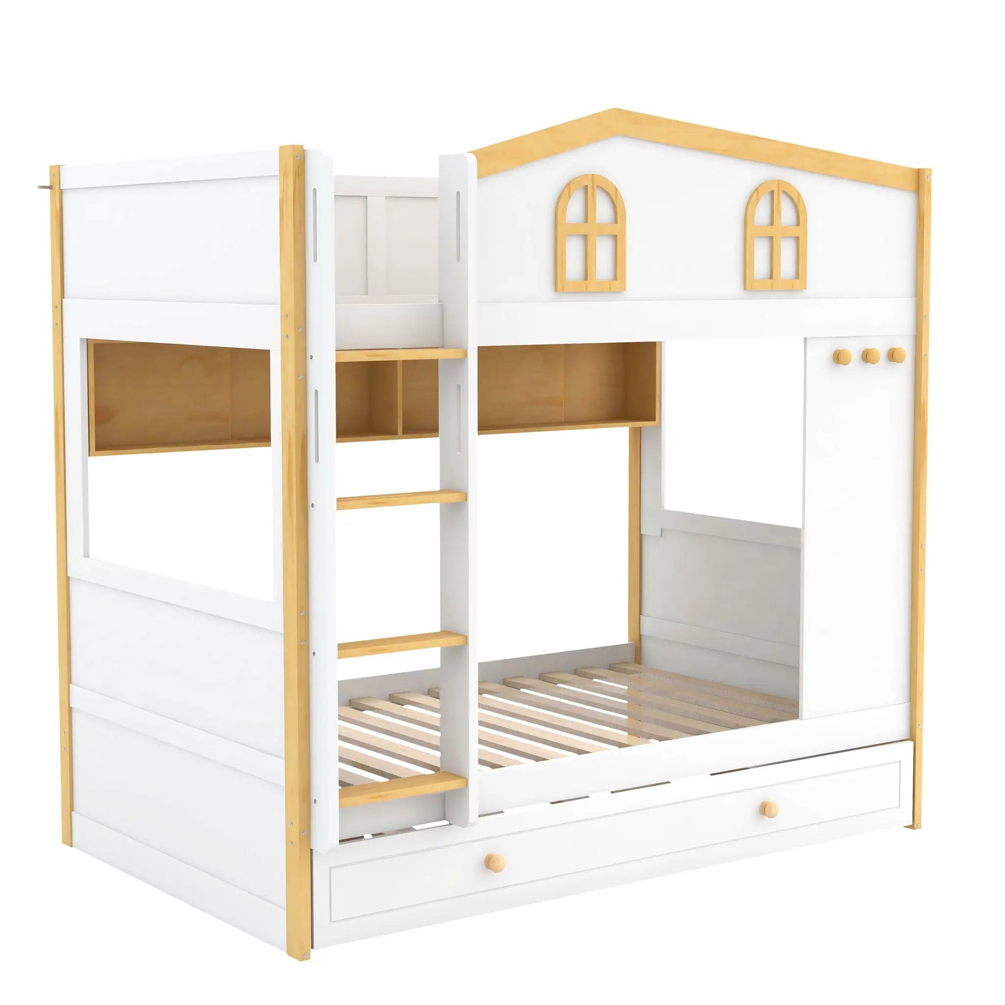 Bunk Bed With House Shaped Guardrails, Storage Shelves, And Trundle by HouseOfZazla