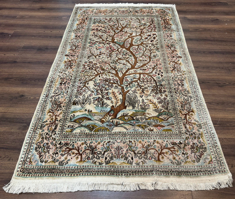 Indian Kashmiri Silk Rug 4x7, Tree of Life Design, Very Fine 380 KPSI, Birds by Jewel Rugs