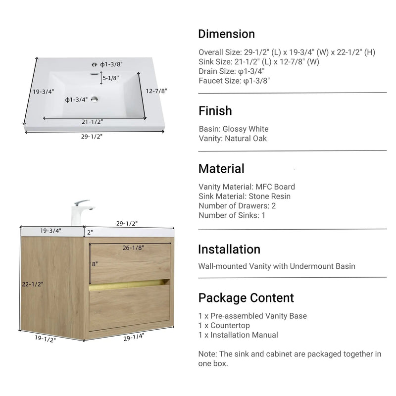 30" Wall-Mounted Bathroom Vanity with Sink, Floating Storage Cabinet by HouseOfZazla