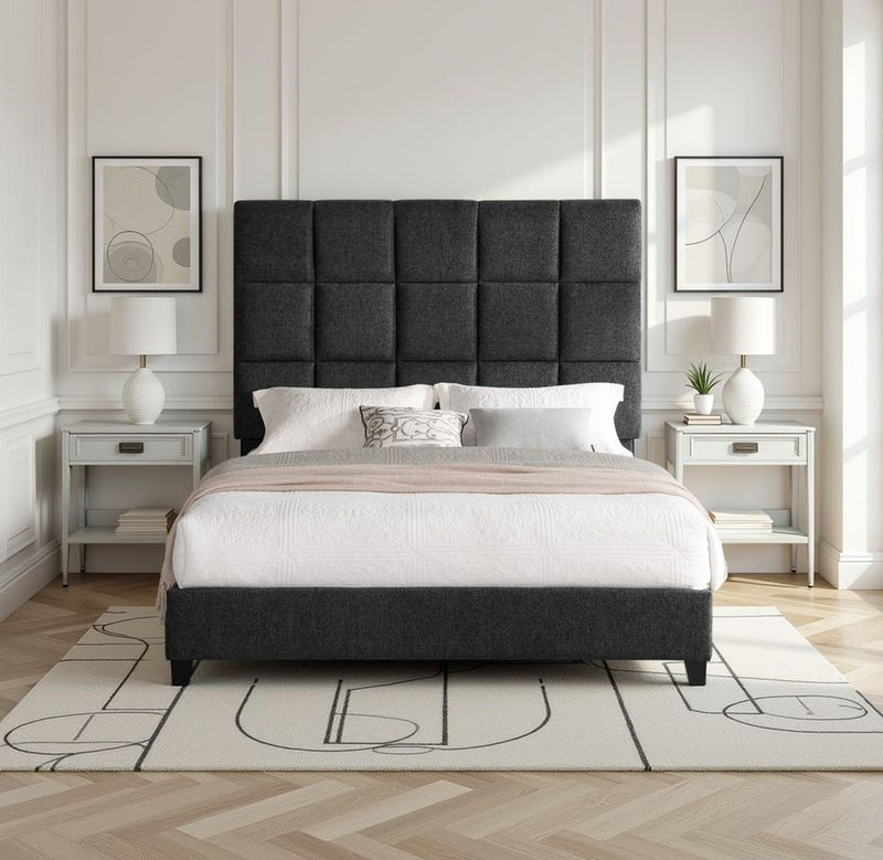 Squares Upholstered Headboard Platform Bed with Support Slats - Dark Gray