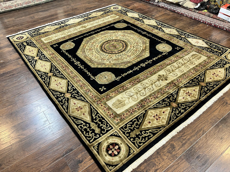 Tibetan Rug 8x10, Nepali Area Rug, Soft New Zealand Wool Carpet 8 x 10 ft, Black Tan Beige, Vintage Handmade Rug, French Aubusson Pattern by Jewel Rugs