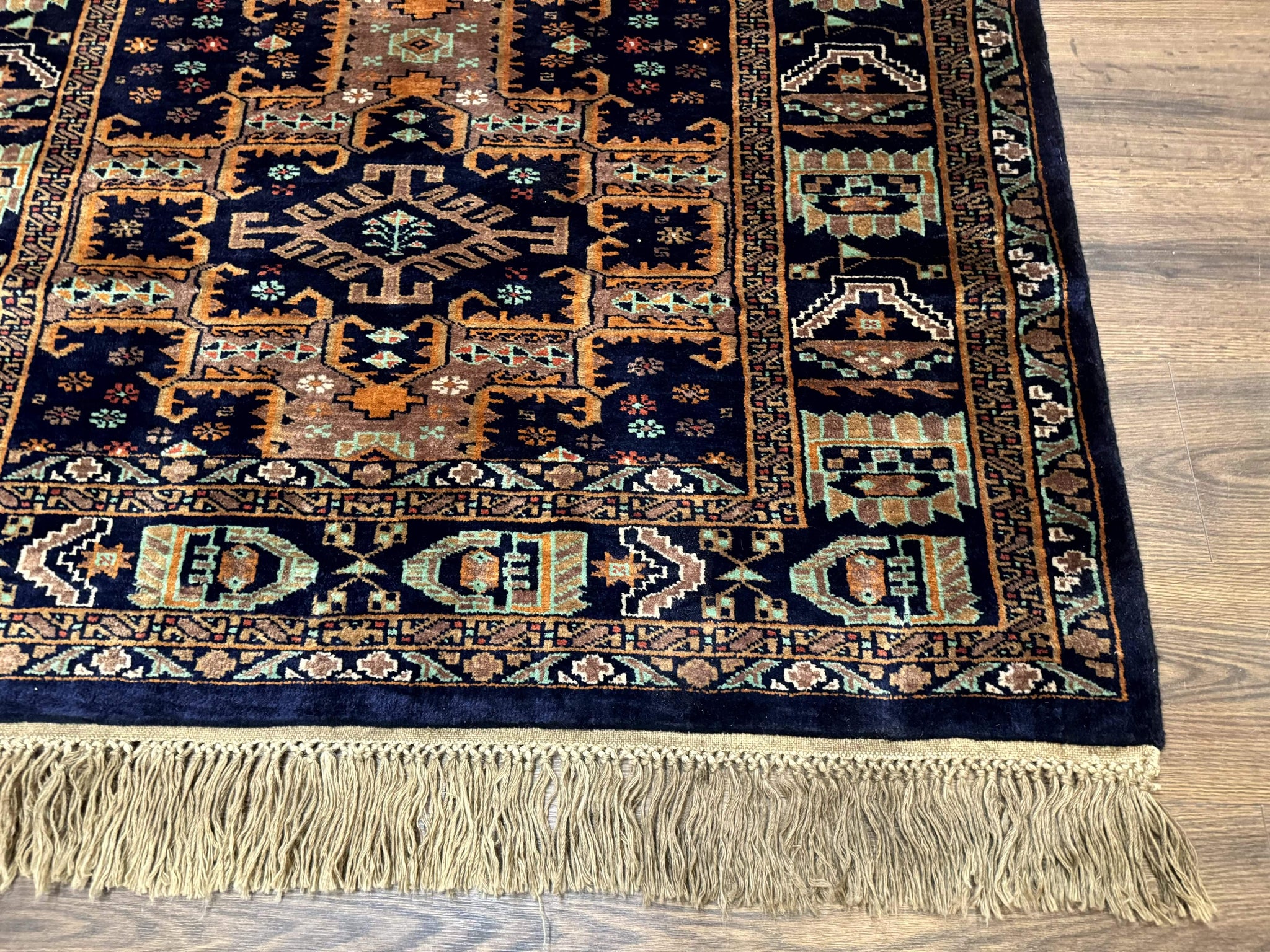 Vintage Afghan Rug 4x6, Navy Blue and Light Brown, Geometric Medallions, Wool on Wool, Tribal Rug by Jewel Rugs