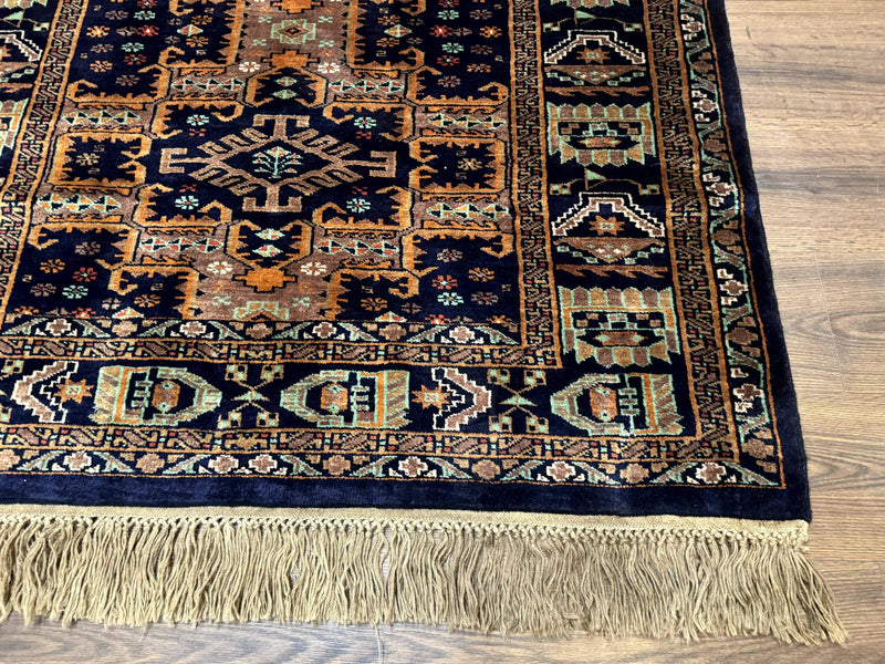 Vintage Afghan Rug 4x6, Navy Blue and Light Brown, Geometric Medallions, Wool on Wool, Tribal Rug by Jewel Rugs