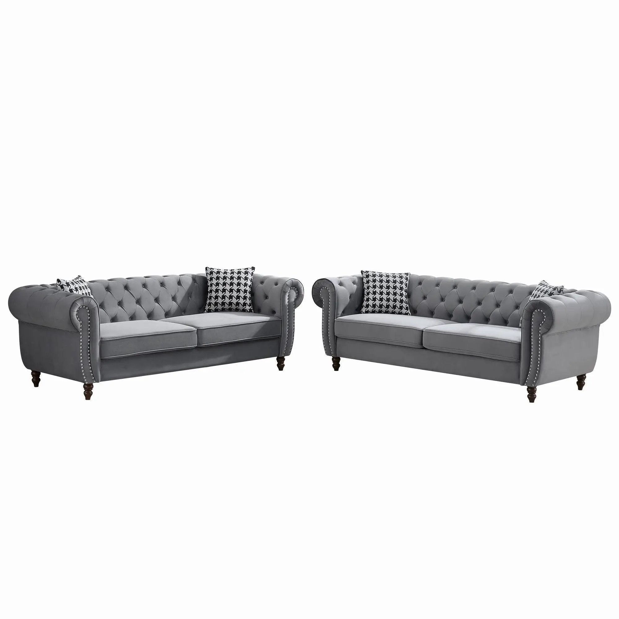 Chesterfield Upholstery Fabric Sofa With Roll Armrest & Nailhead, Mid Century Modern 3 And 3 Seater Couch by Unique Piece Furniture