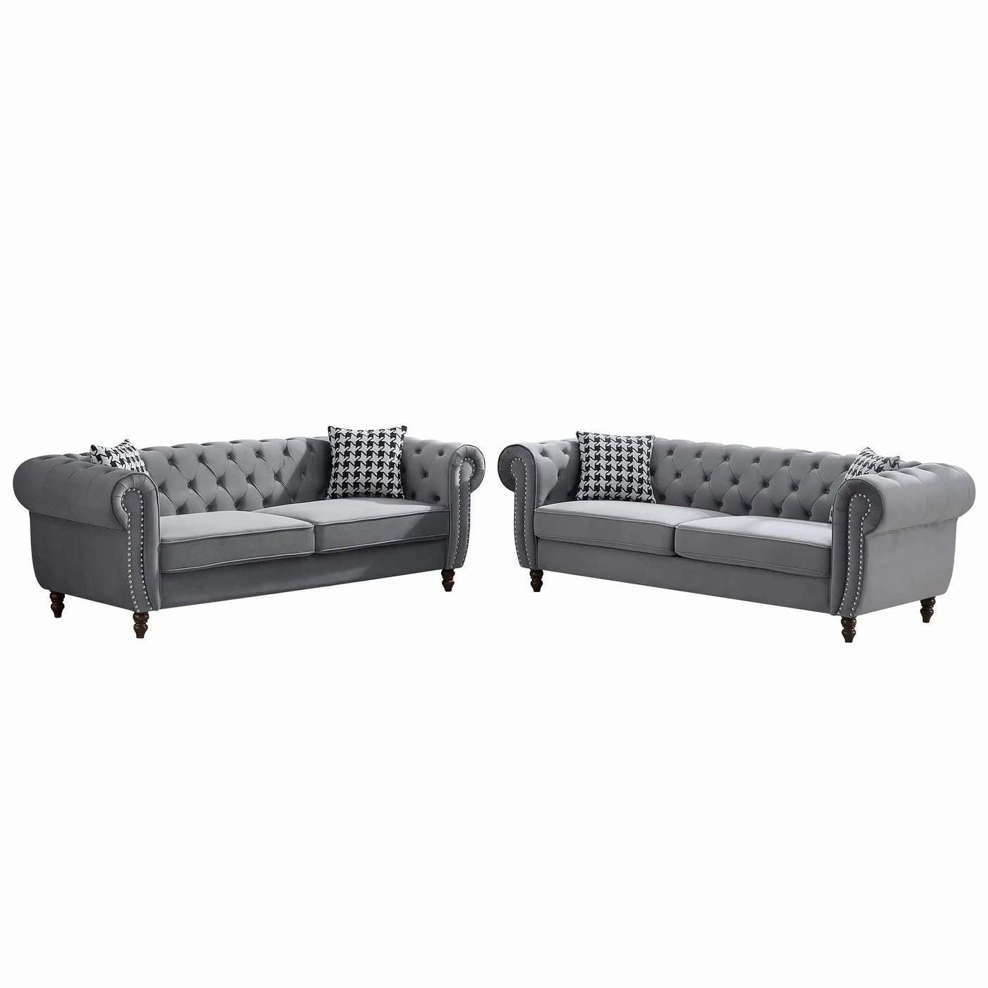 Chesterfield Upholstery Fabric Sofa With Roll Armrest & Nailhead, Mid Century Modern 3 And 3 Seater Couch by HouseOfZazla