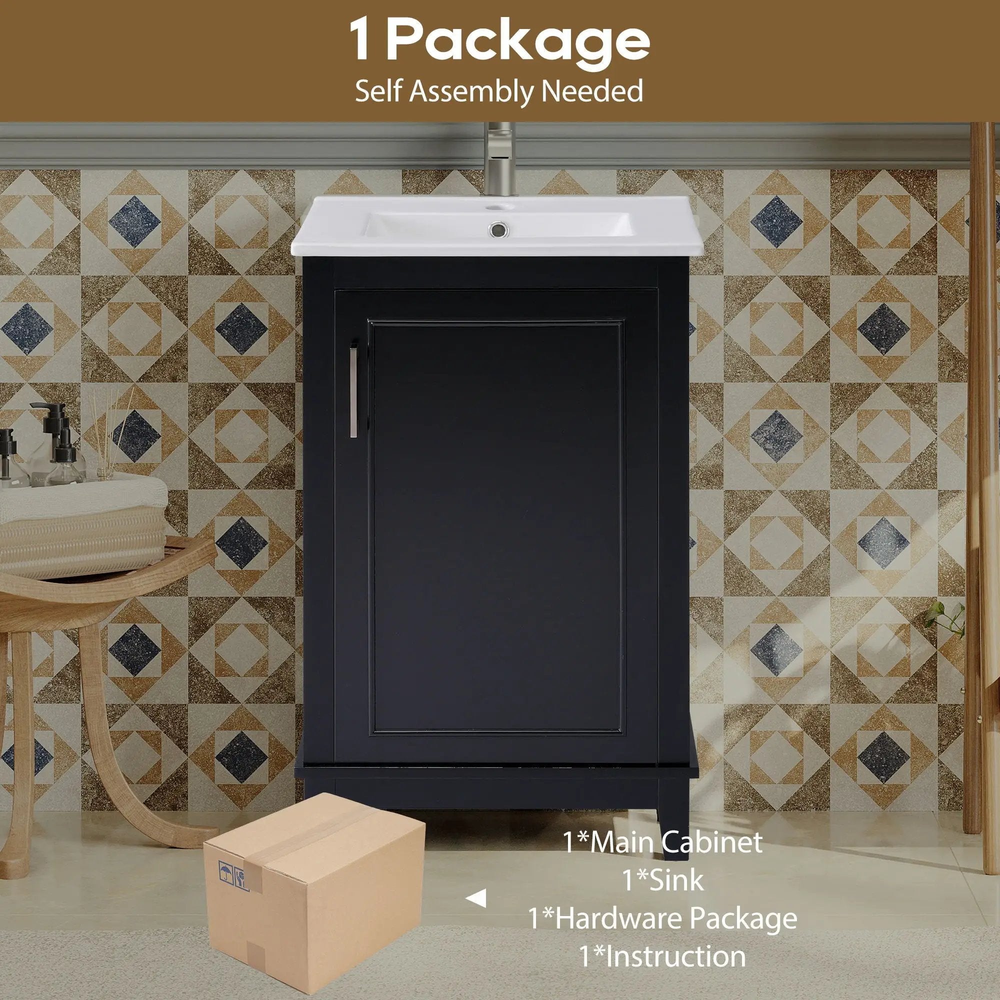 Modern Small Bathroom Vanity Cabinet With Ceramic Basin, Ample Storage, 1 Soft Close Door by HouseOfZazla