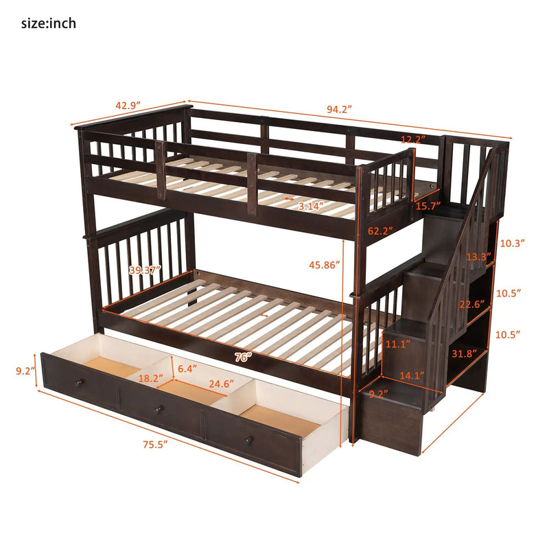 Stairway Bunk Bed With Storage And Guard Rail For Bedroom by HouseOfZazla