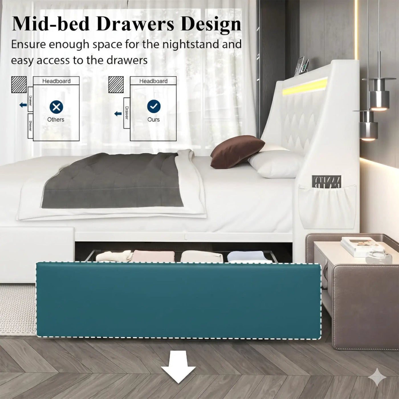 Wingback Upholstered Bed Frame With LED Lights, Charging Station by HouseOfZazla