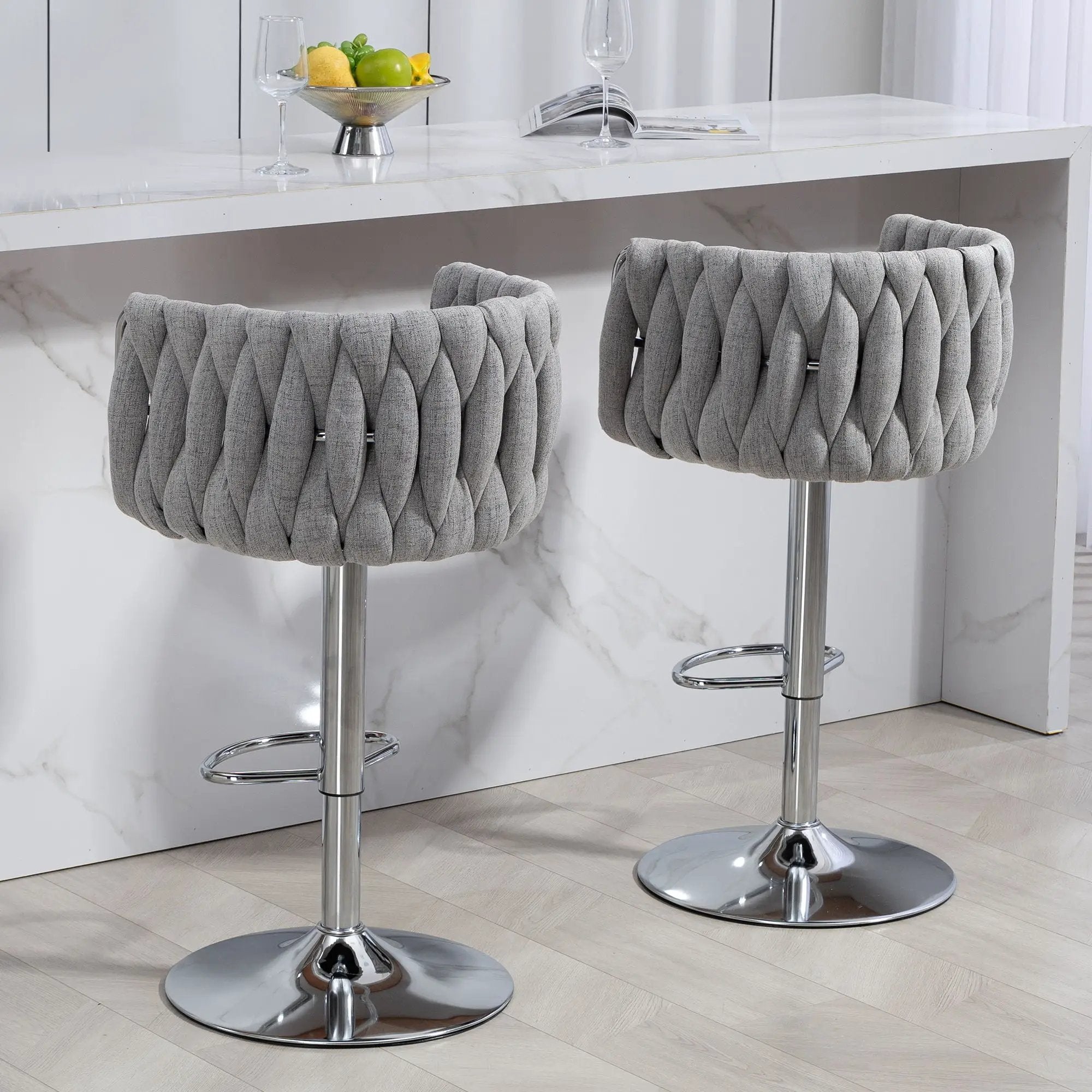 360 Degree Swivel Bar Stools Adjustable Counter Height Bar Chairs With Woven Back & Footrest, Silver Chromed Bar Stools For Kitchen Island (Set of 2) - Gray by HouseOfZazla