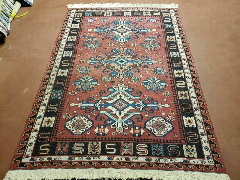 4' X 6' Vintage Russian Kilim Handmade Caucasian Soumak Flat Weave Wool Rug by Jewel Rugs