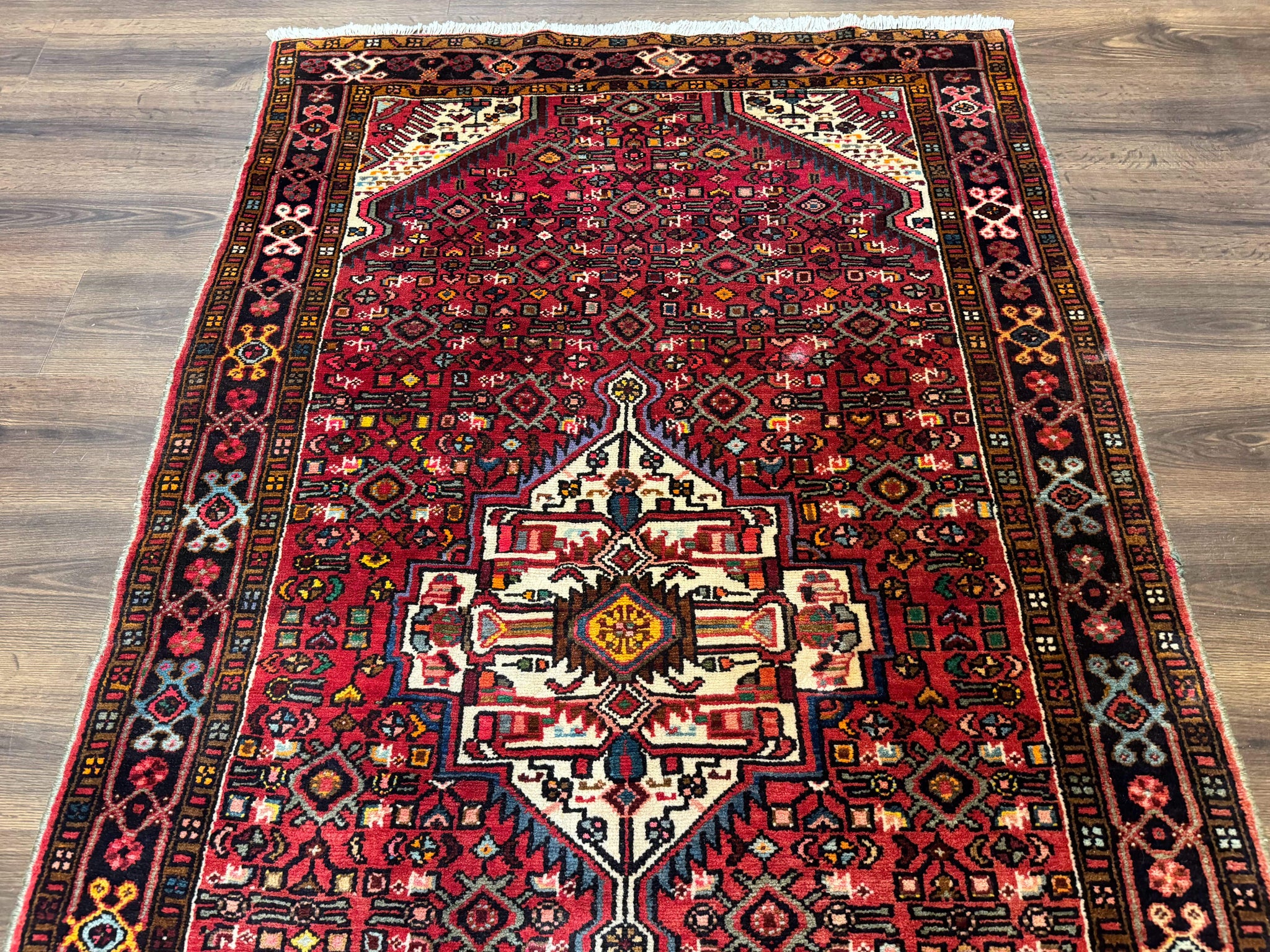 Persian Hamadan Rug 4x7, Tribal Village Malayer Carpet, Red and Ivory, Bohemian Antique by Jewel Rugs