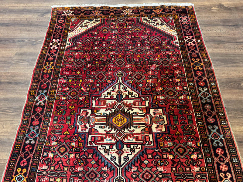 Persian Hamadan Rug 4x7, Tribal Village Malayer Carpet, Red and Ivory, Bohemian Antique by Jewel Rugs