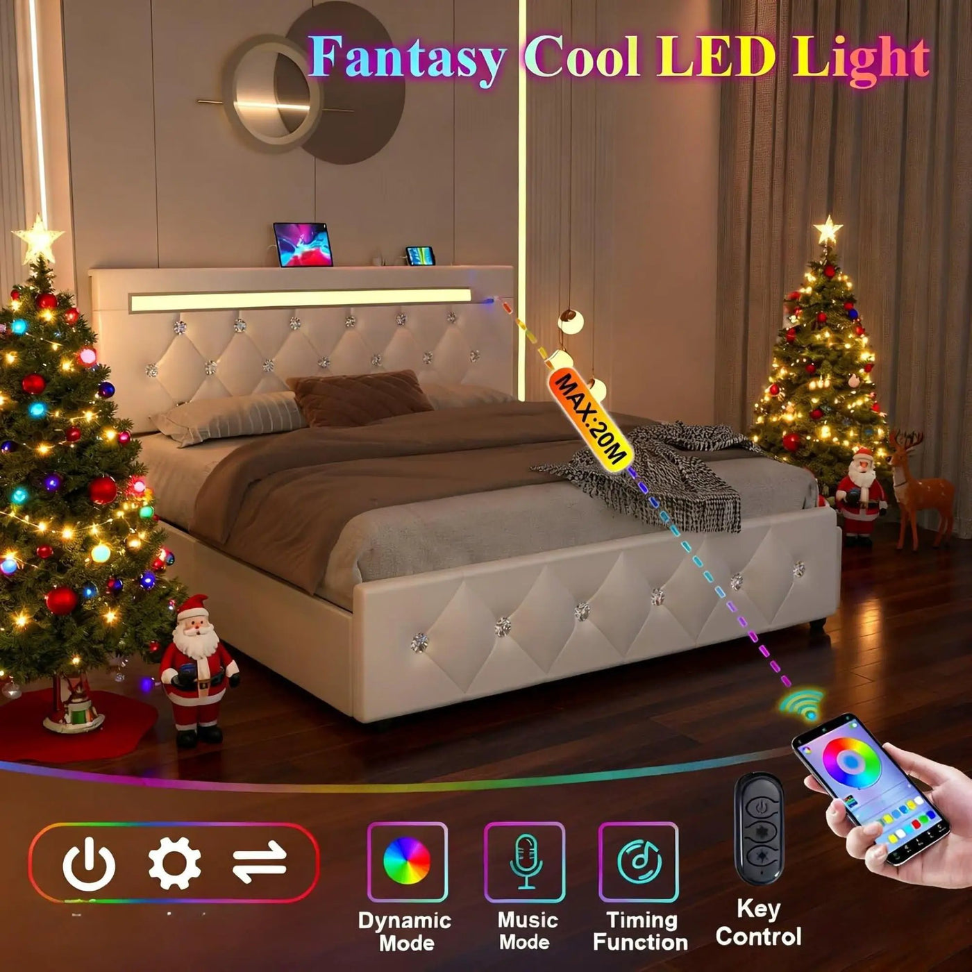 Upholstered Bed Frame With LED Lights, 4 Storage Drawers, Charging Station by HouseOfZazla