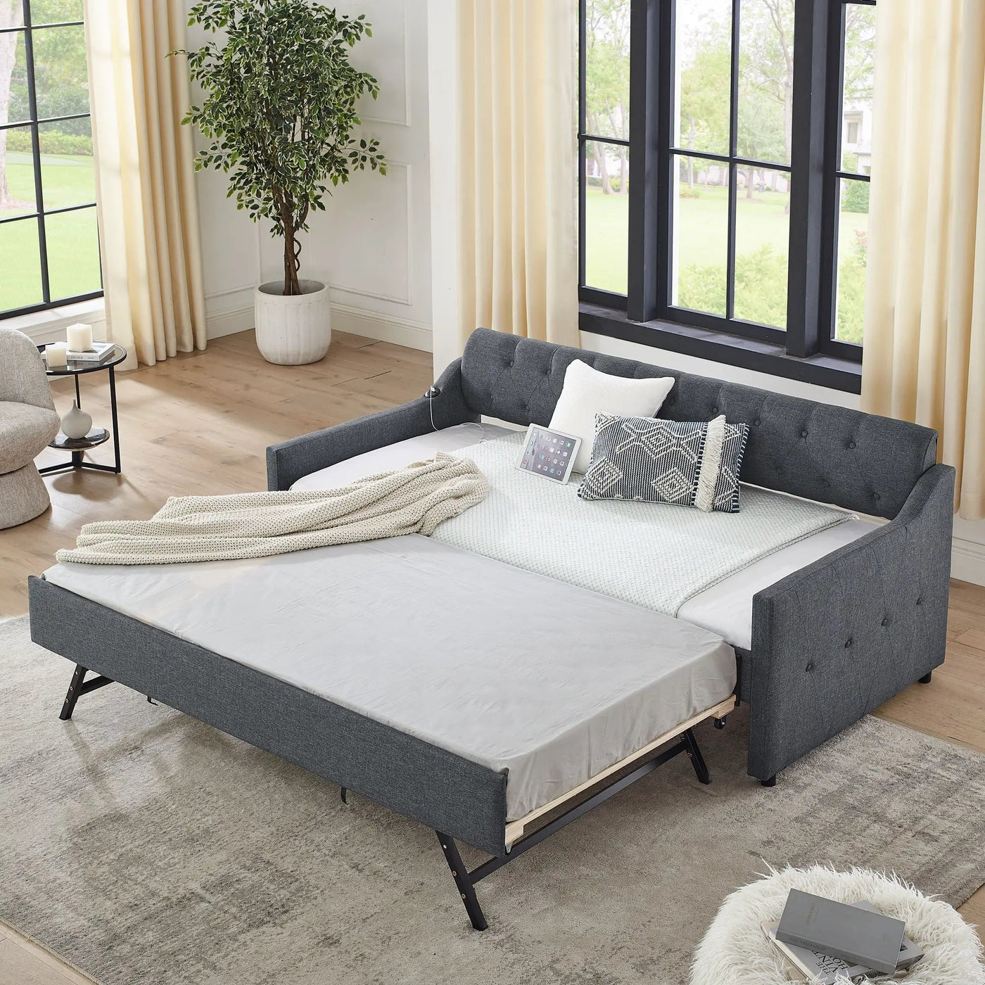 Size Upholstered Daybed With Trundle And USB Charging Armrest by HouseOfZazla