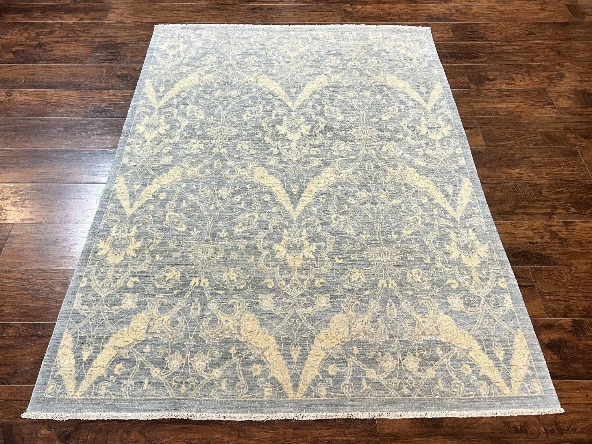 Contemporary Pakistani Rug 5 x 6.6, Handmade Floral Wool Rug, Spanish Pattern by Jewel Rugs