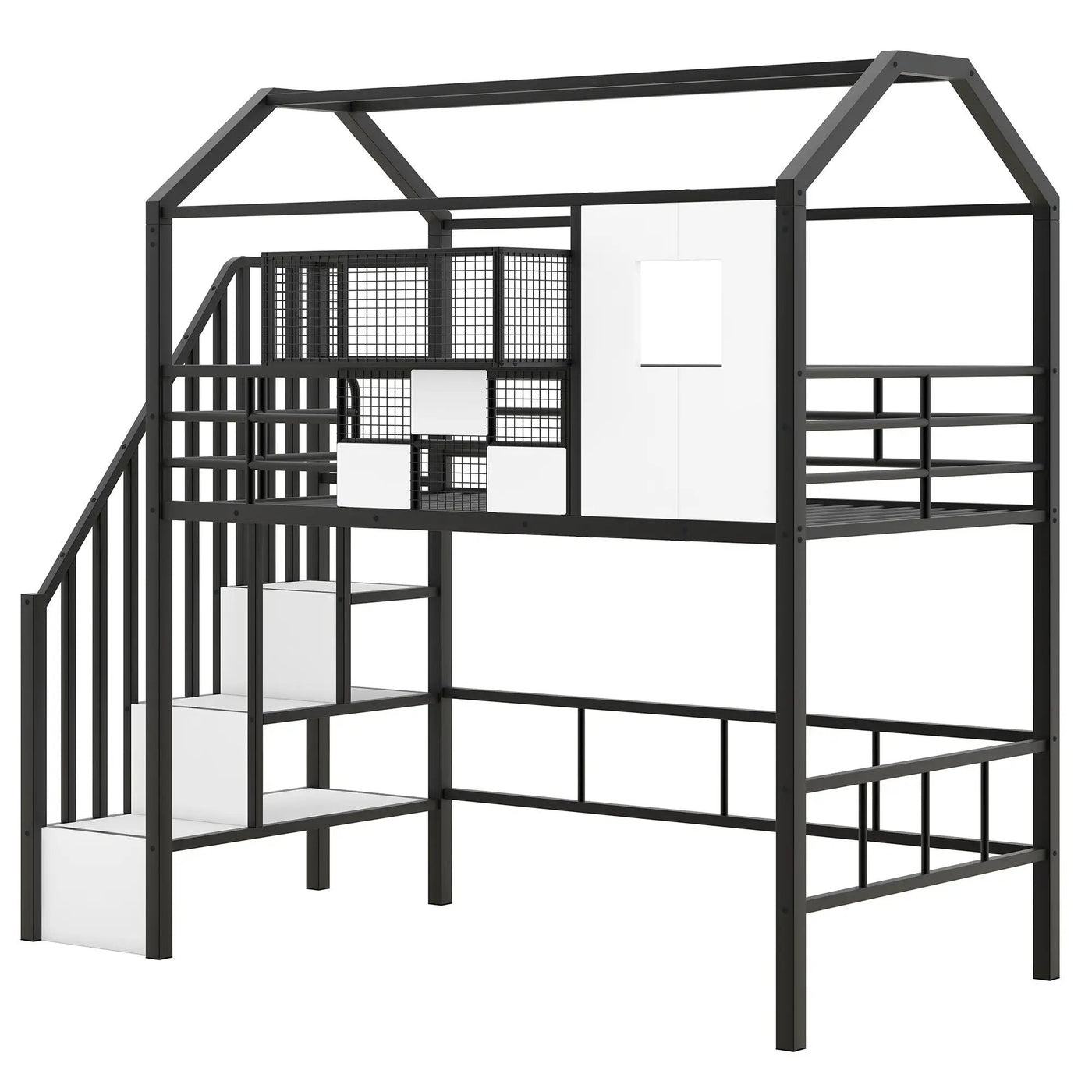 Metal Loft Bed With Roof Design And Storage Box With Guardrails And Integrated Ladder by HouseOfZazla