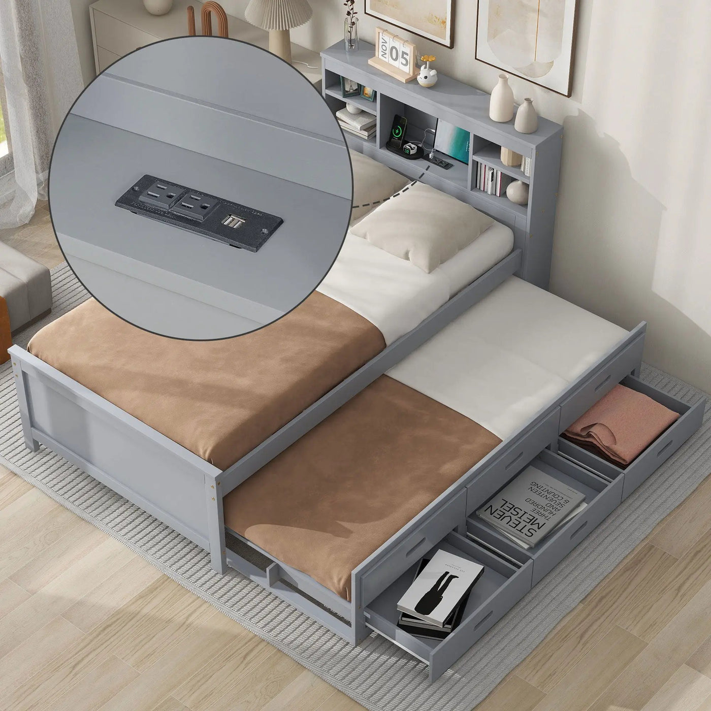 Platform Bed With Storage Headboard, USB, Trundle And 3 Drawers by HouseOfZazla