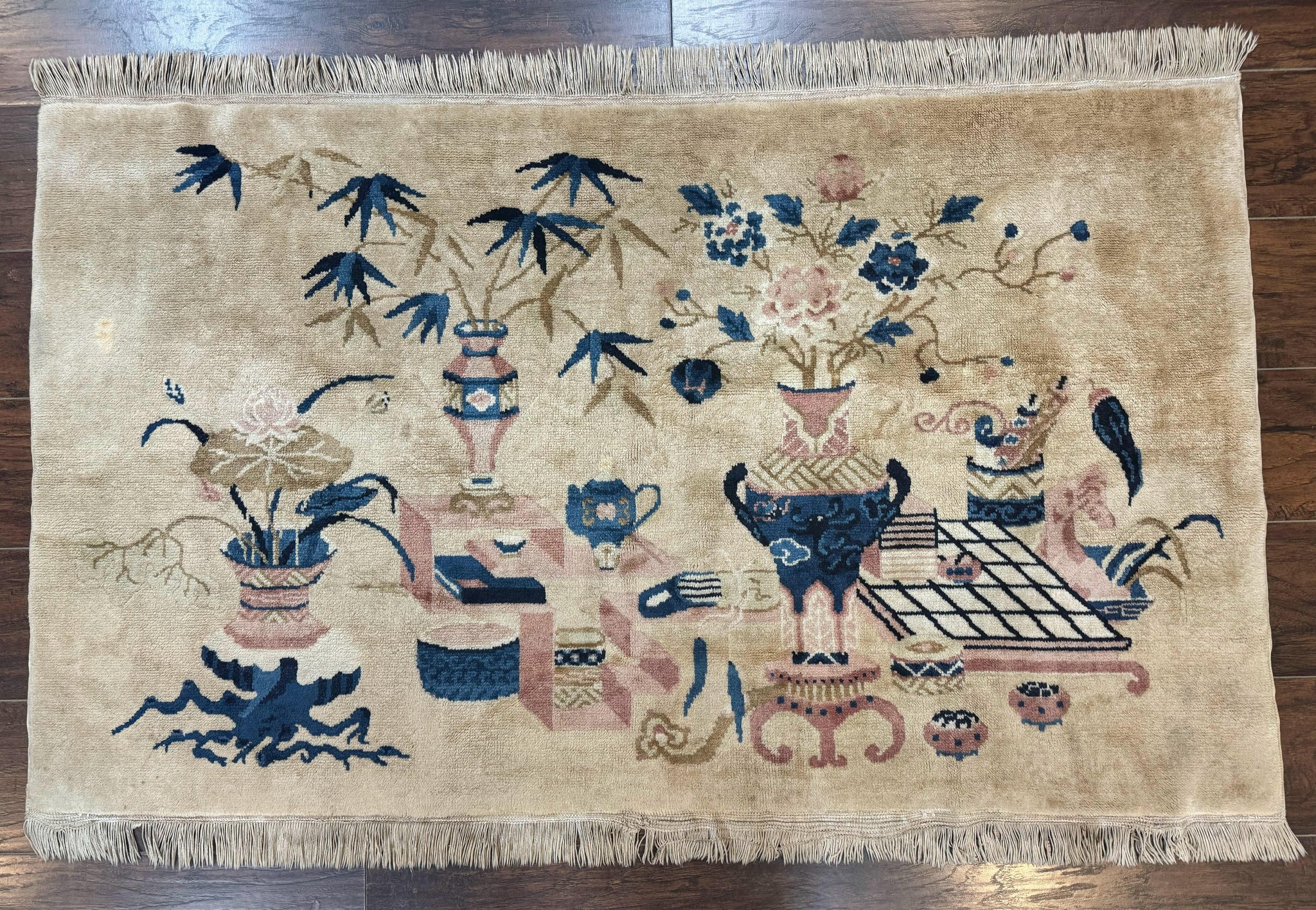 Chinese Rug 5x3, Horizontal Rug, Vases Flowers, Handmade Antique Vintage Carpet, Peking Rug, Chinese Wool Rug by Jewel Rugs