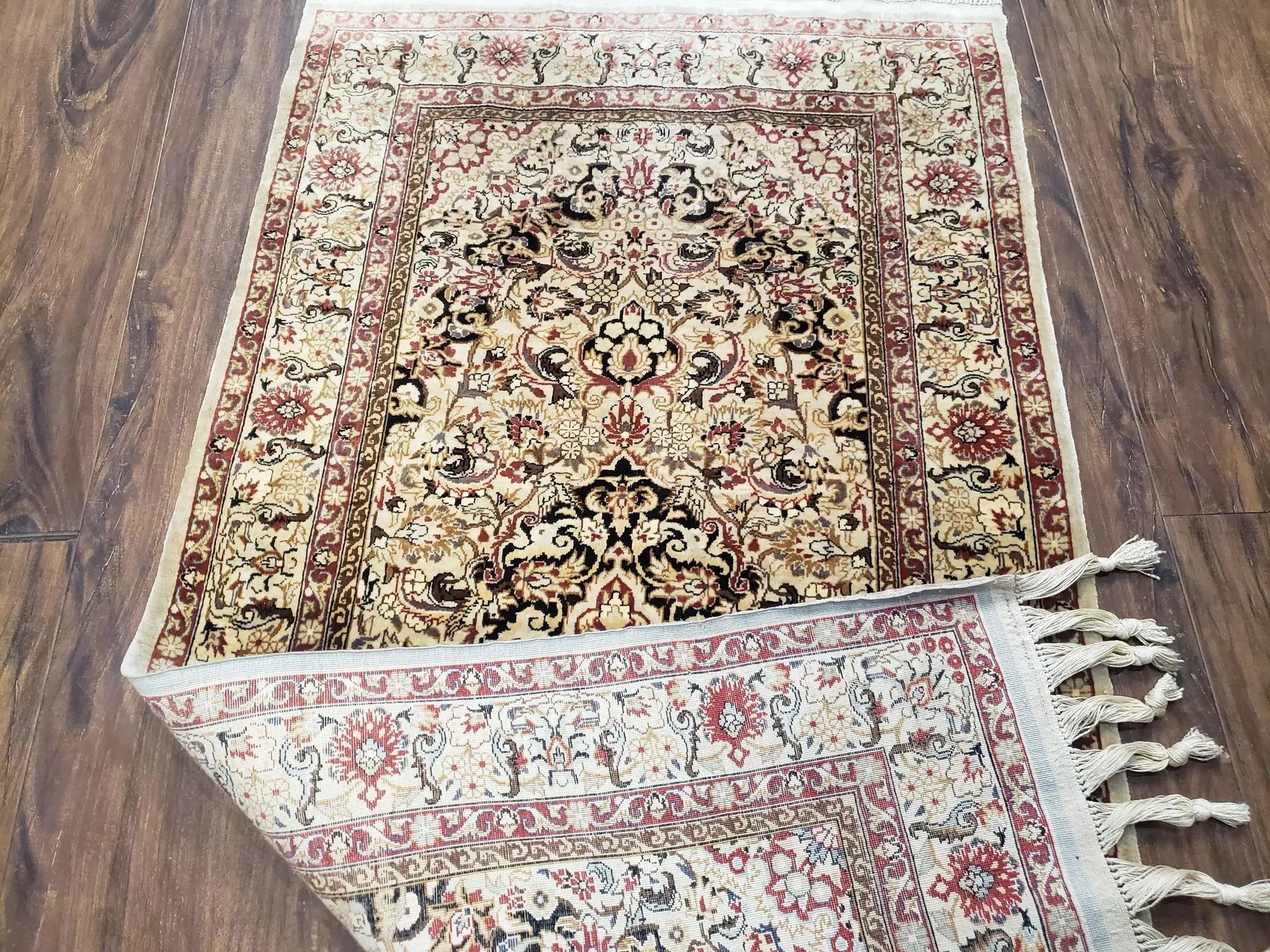 Silk Oriental Rug 1' 7" x 3', Very Fine Silk Carpet, Small Silk Rug, Traditional Floral Medallion, Hand-Knotted Cream Beige Vintage Silk Rug by Jewel Rugs
