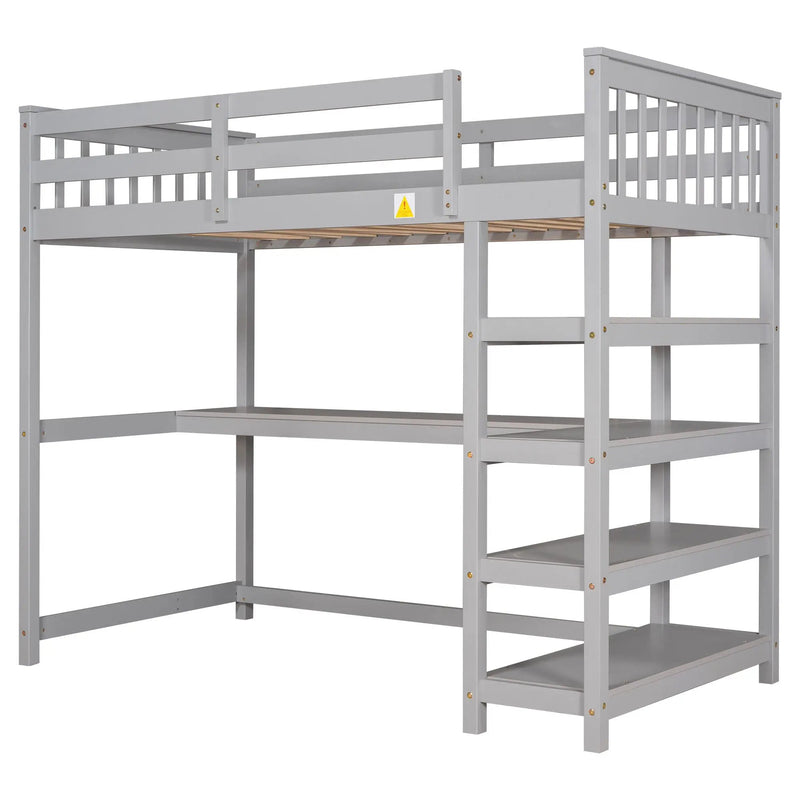 Loft Bed With Storage Shelves And Under Bed Desk