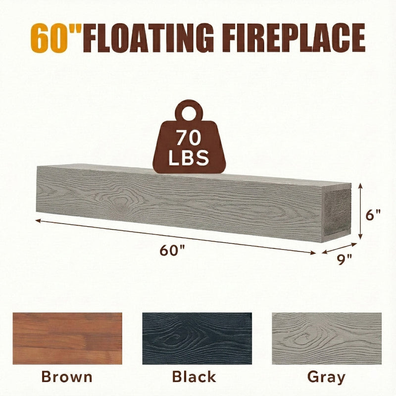 60" Rustic Embossed Wood Fireplace Mantel,Wall-Mounted & Floating Shelf for Home Decor, photo 3 of 10