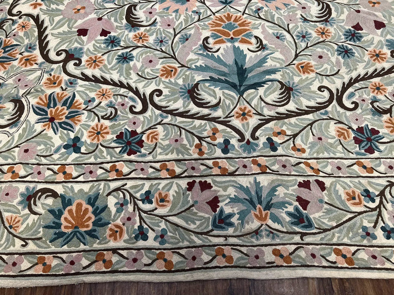 Chain Stitched Rug 9x12 Vintage Carpet 9 x 12 Flatweave Rug, Ivory Teal Rug, Area Rug 9 by 12, Hand Stitched Rug, Medallion, Indian Rug by Jewel Rugs