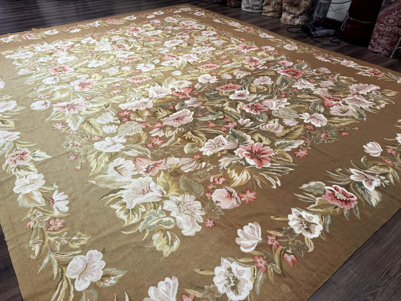 Large Needlepoint Rug 11x14, Vintage Floral Wool Carpet, Caramel by Jewel Rugs