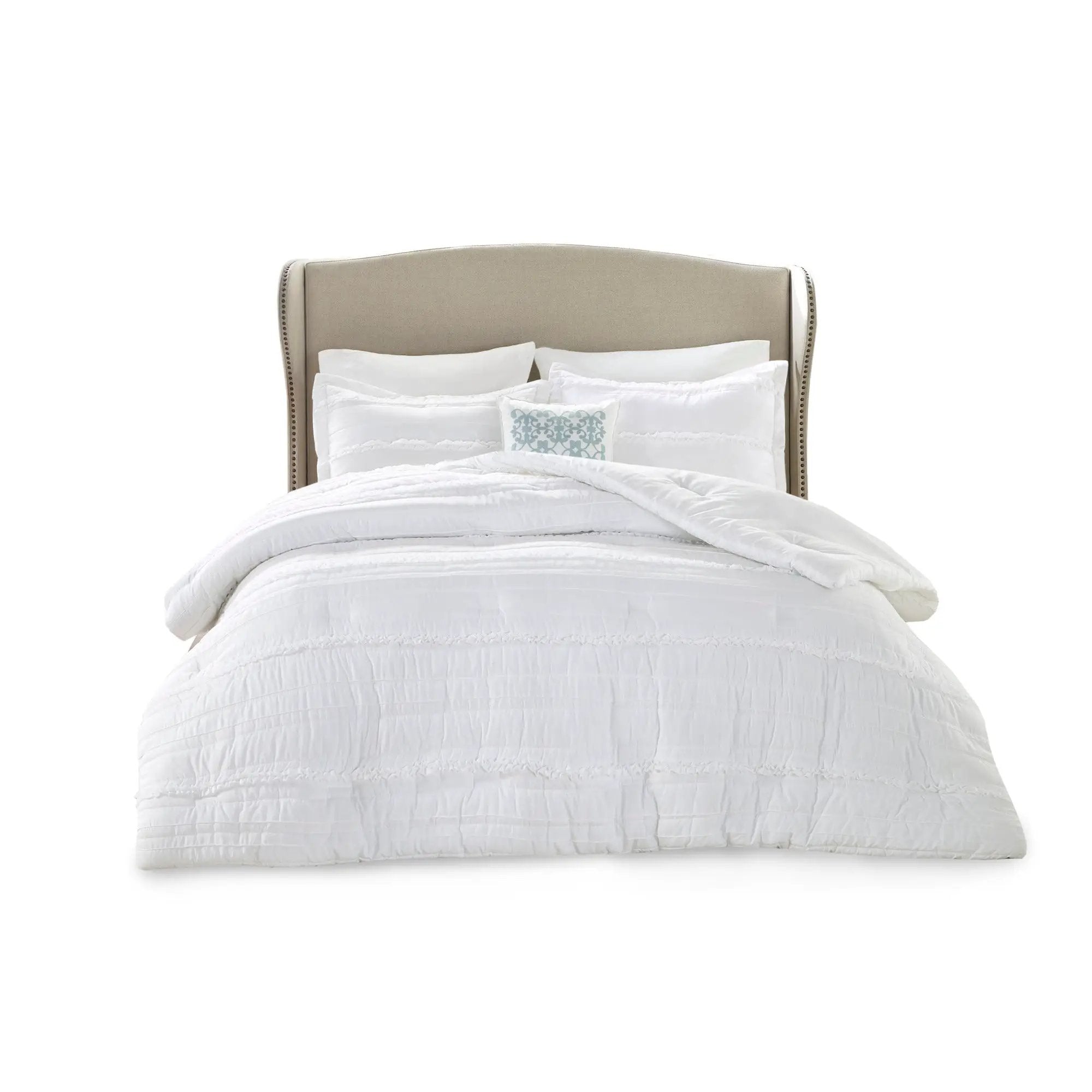 5 Piece Microfiber Ruffled Comforter Set White Queen by HouseOfZazla