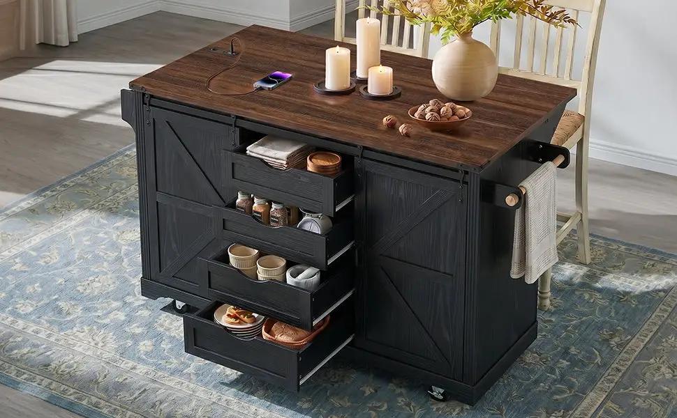 K&K 72" Farmhouse Kitchen Island with Fridge Storage Space & Power Outlet by HouseOfZazla