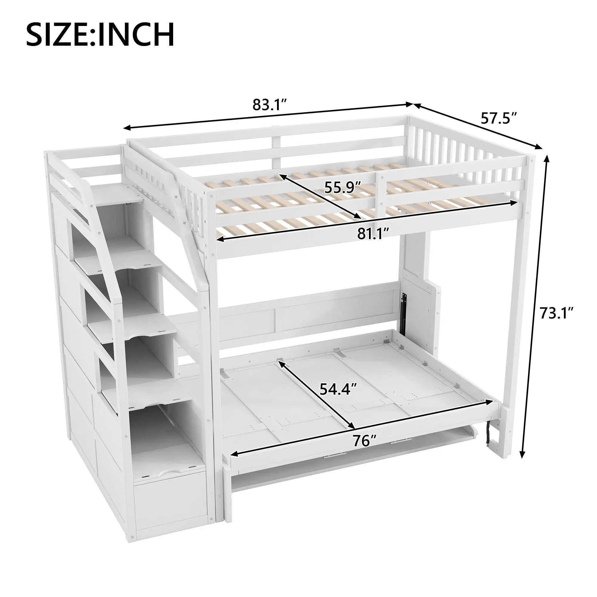 Full Long Loft Bed With Storage Staircase, Murphy Bed, LED Light - White by Unique Piece Furniture