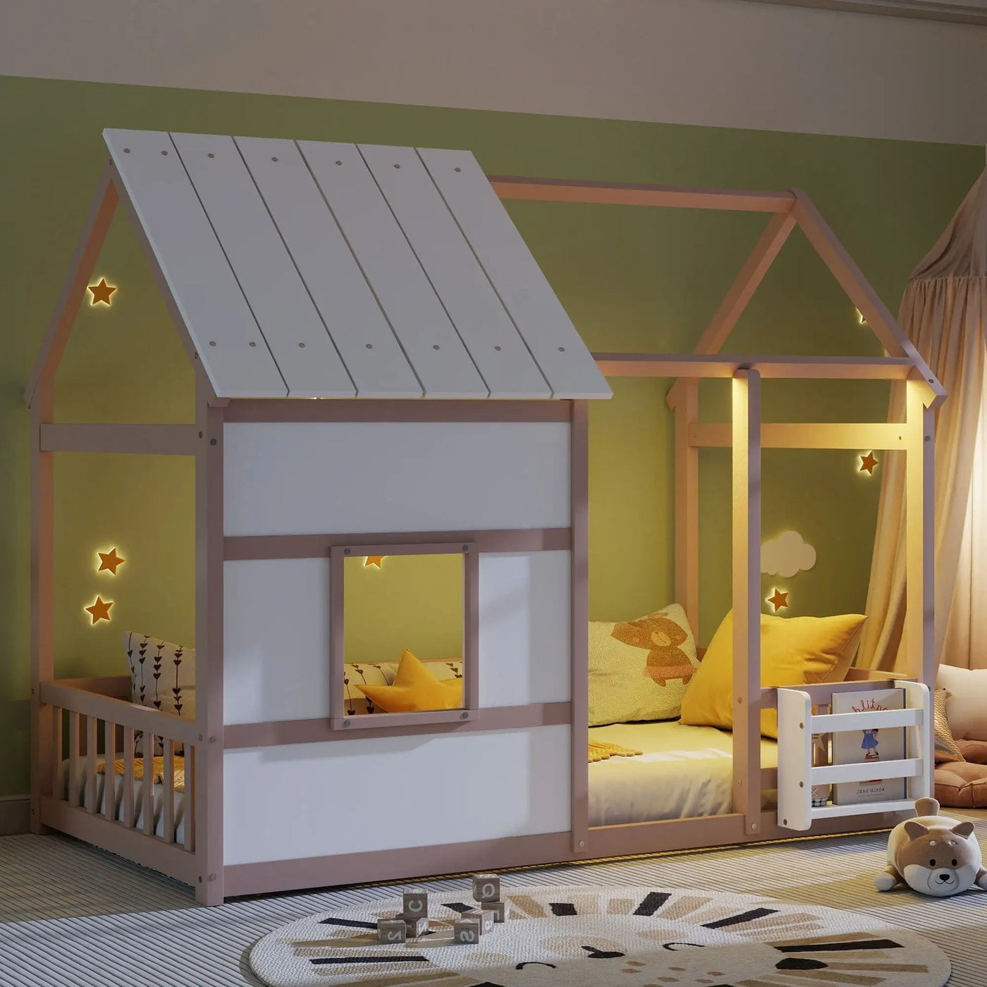 House Floor Bed With 7 Color LED Light, Built In Bookshelf by Unique Piece Furniture