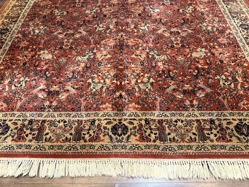 Persian Area Rug 8 x 11.6, Wool, Royal Hunting Scene, Vintage Couristan Rug, Red, Allover Pattern, Belgium Power Loomed by Jewel Rugs