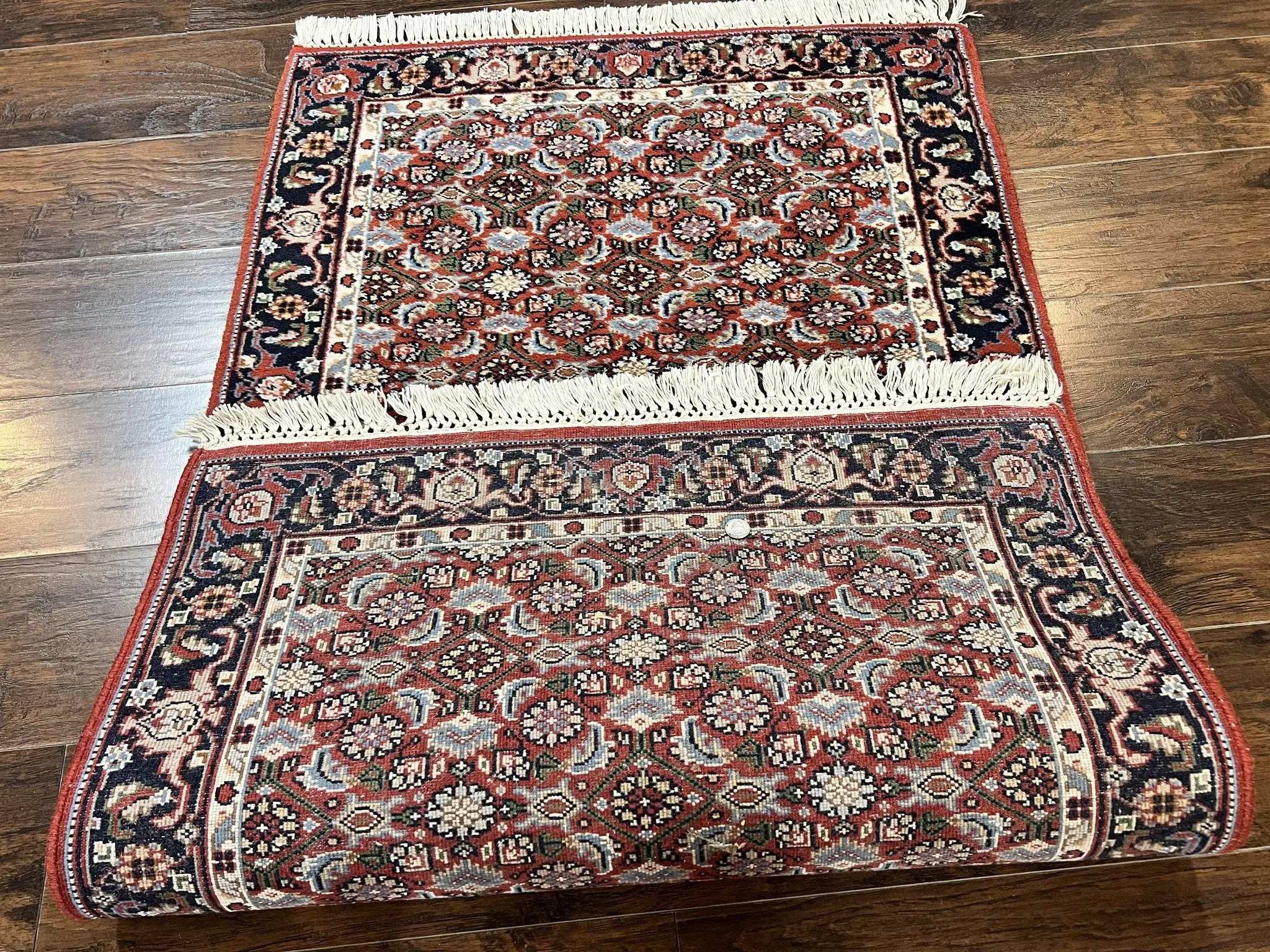 Indo Persian Rug 3x5, Red and Navy Blue, Wool Vintage Handmade Small Carpet 3 x 5 ft, Herati Pattern, Bidjar Rug by Jewel Rugs