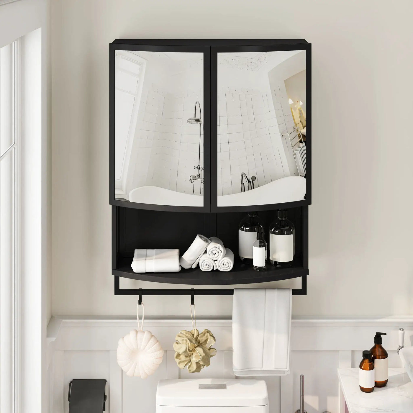 Arched Glass Double Door Wardrobe With Shatterproof Mirror, Open Shelf & Towel Rack by HouseOfZazla