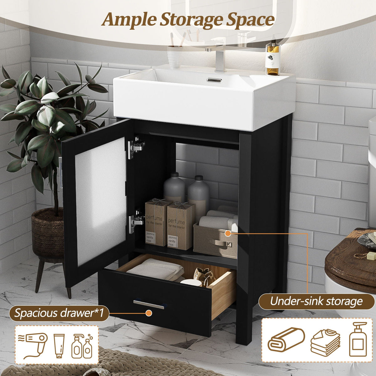 Bathroom Vanity with Ceramic Sink and Ample Storage - Blue, Green, or Black, photo 16 of 40