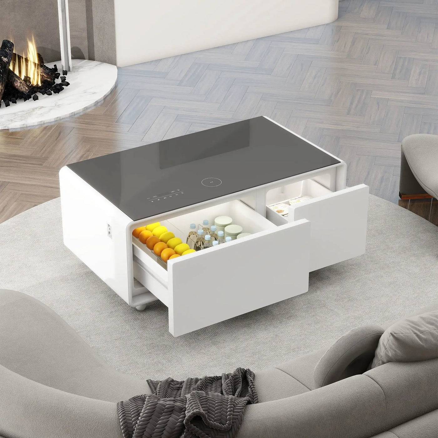 Modern Smart Coffee Table With Built-In Fridge - tooth Speaker, Wireless Charging, Touch Control Panel, USB Interface, Outlet Protection, Atmosphere Light by HouseOfZazla