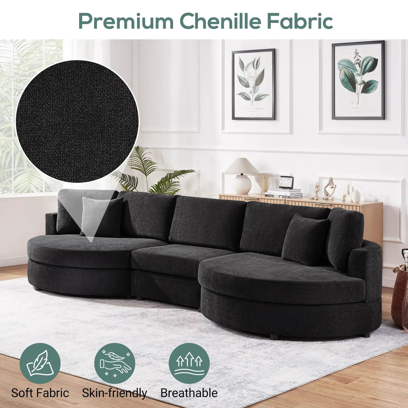 Modern 3 Seater Upholstered Sofa With Curved Design by HouseOfZazla