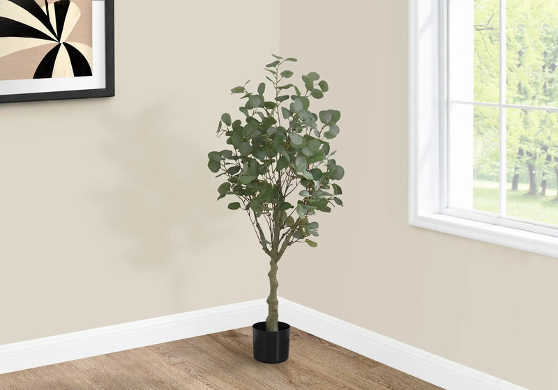 46" Tall, Artificial Plant, Eucalyptus Tree, Indoor, Faux, Fake, Floor, Greenery, Potted, Decorative - Green / Black by Unique Piece Furniture