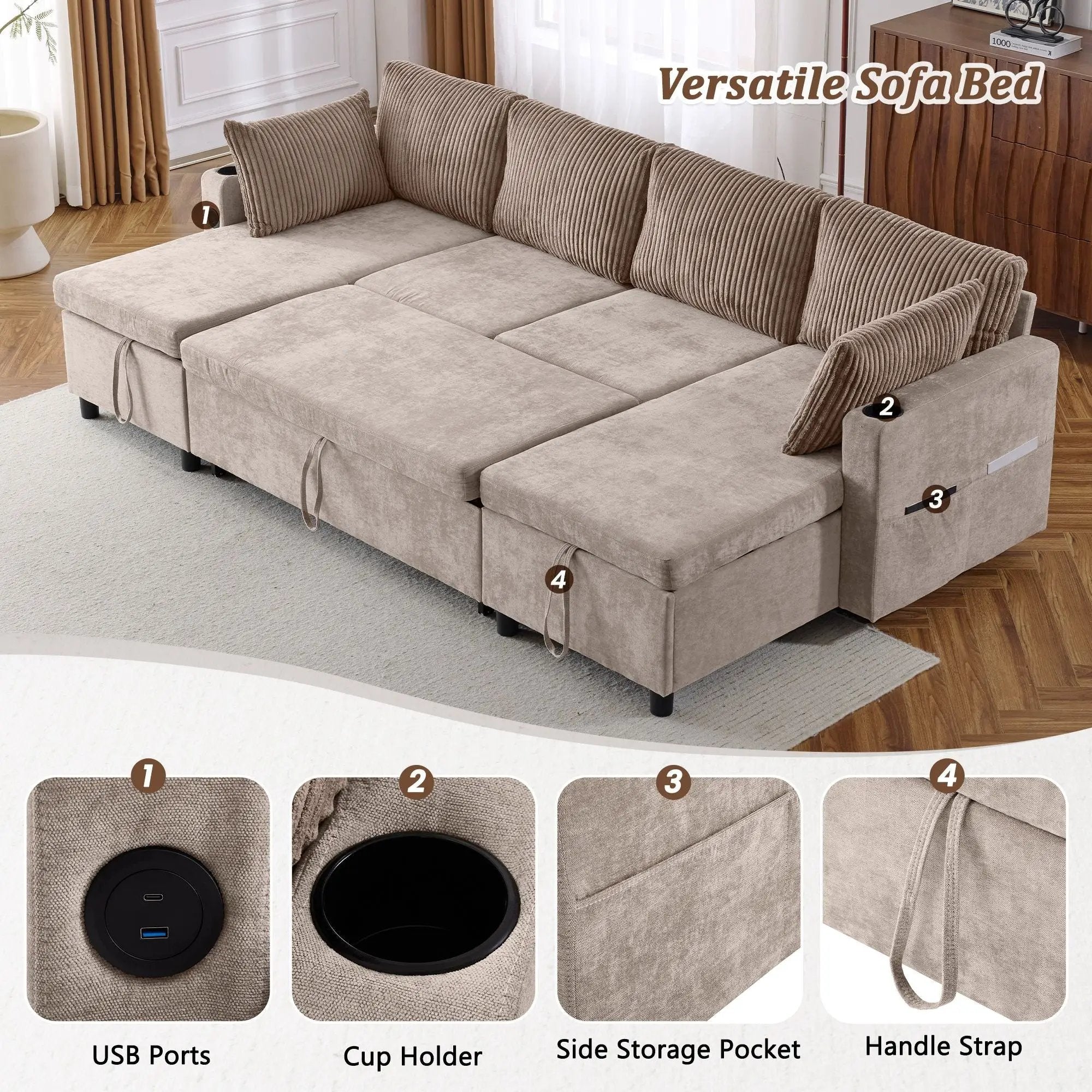 Sectional Sofa Bed With Pull Out Sleeper, USB Ports, Cup Holders by Unique Piece Furniture