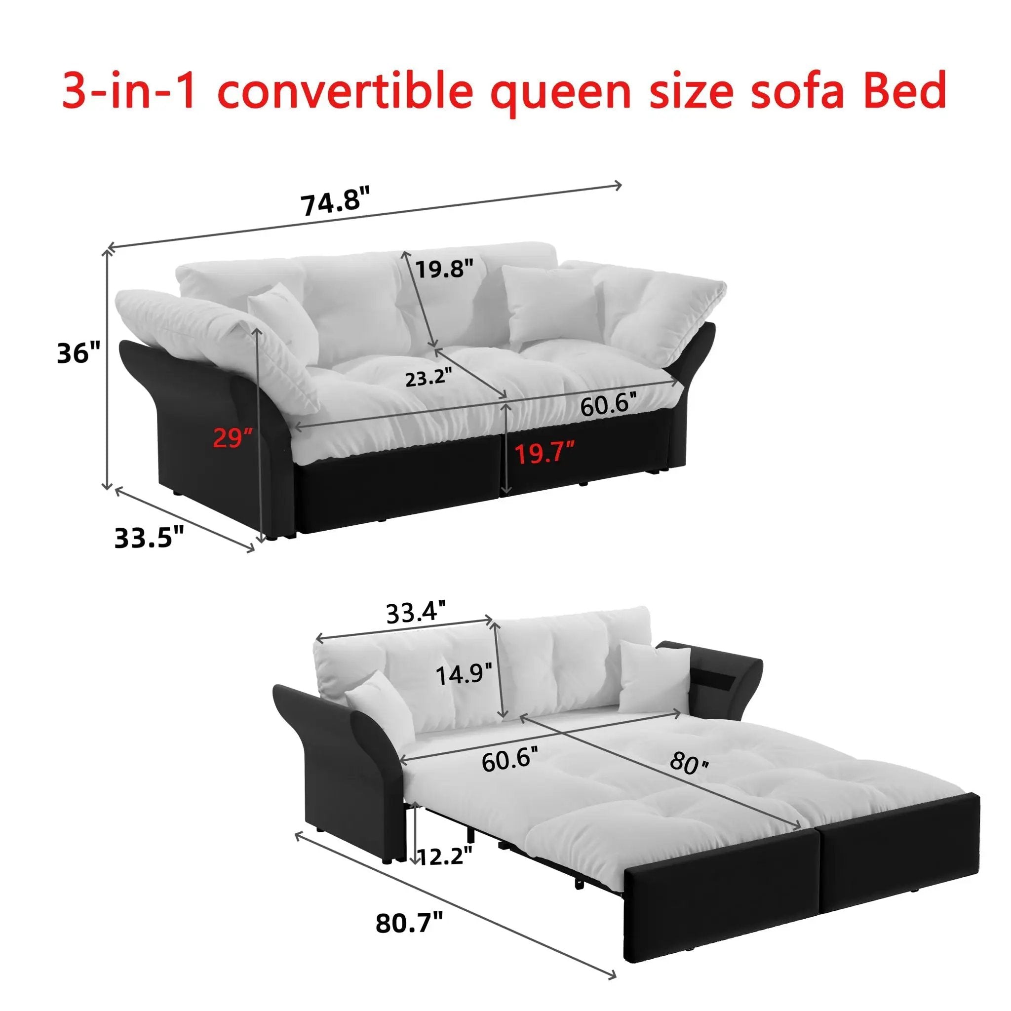Queen Pull Out, 3 In 1 Convertible Sleeper Tufted Sofa & 2 Soft Pillows by HouseOfZazla