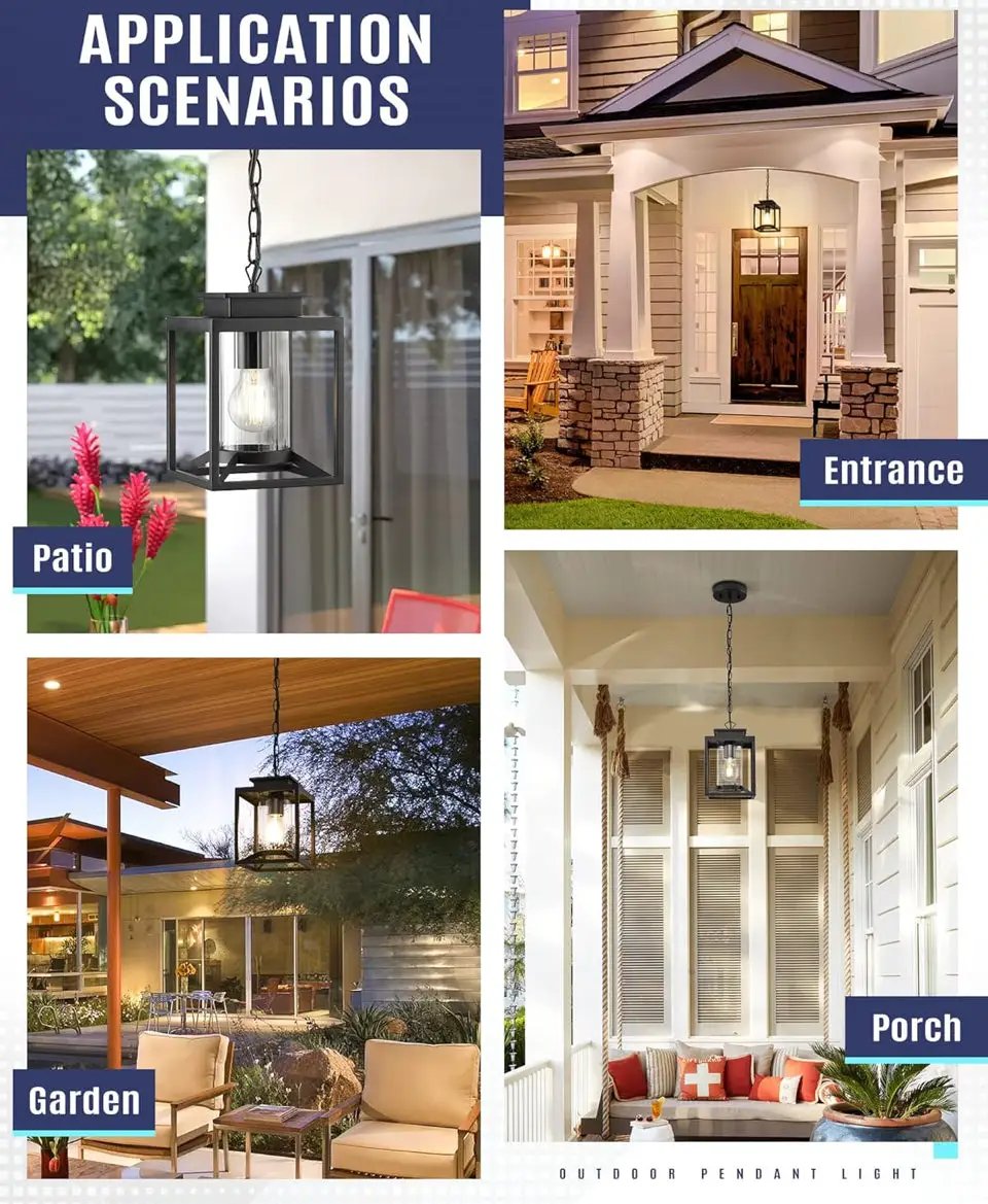 Brand New Osimir Outdoor Pendant Light for Porch, 1-Light Black Hanging Porch Light Modern Exterior Hanging Lantern with Cylinder Glass and Adjustable Chain for Gazebo, 2353/1H by Selzalot
