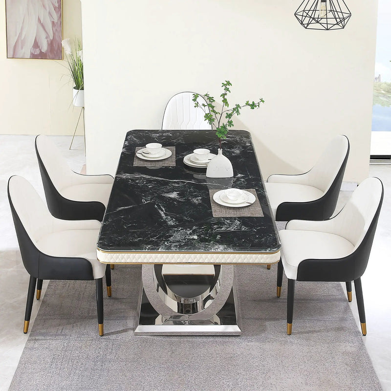 Luxury Modern Dining Table With Faux Marble Top And Dual Circle Base - Black by HouseOfZazla