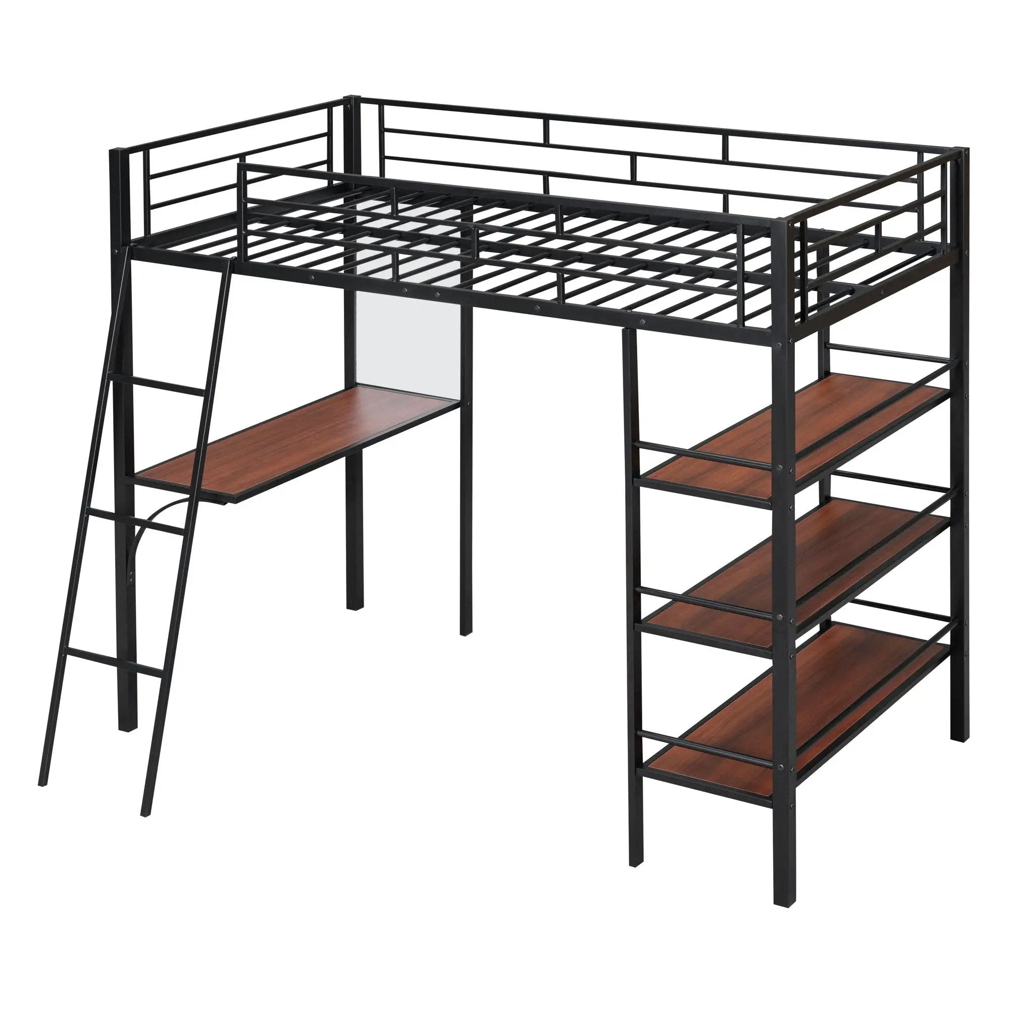 Loft Metal Bed With 3 Layers Of Shelves And Desk, Stylish Metal Frame Bed With board by HouseOfZazla