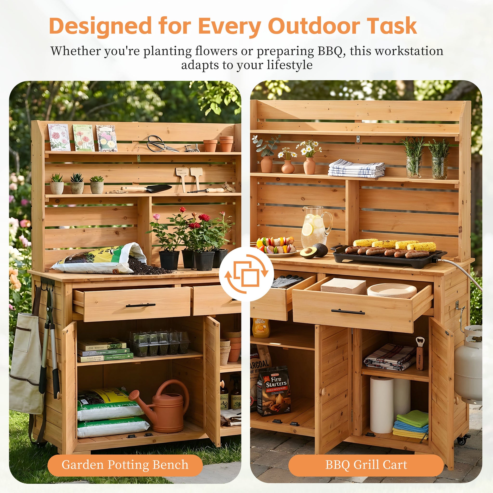 TOPMAX 65''H Large Garden Potting Bench with Lockable Wheels and Storage Cabinet by HouseOfZazla