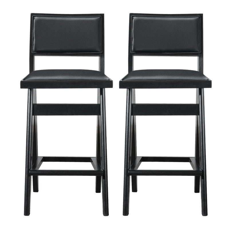 Black Bar Stools Set of 2 with Full Back Support - PU Leather