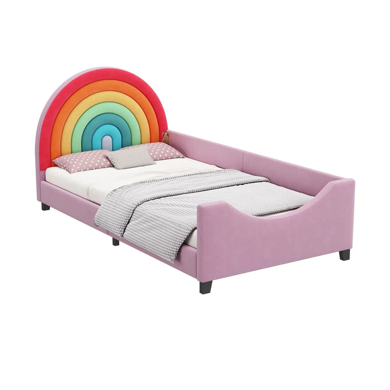 Rainbow Upholstered Twin Daybed Low To The Ground Design Cute Style Princess Bed - Colorful / Pink by HouseOfZazla
