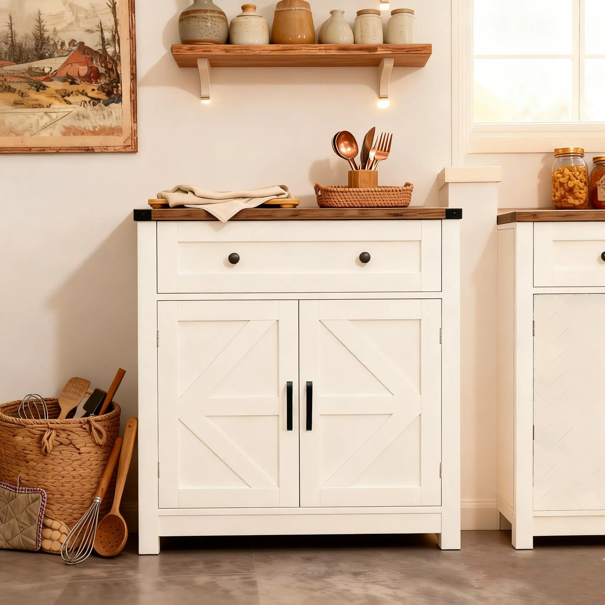 White & Wood-Grain Top Farmhouse Barn-Door Storage Cabinet by HouseOfZazla